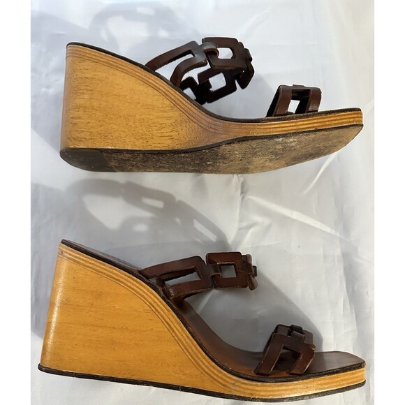 Vintage Stephane Kelian Brown Leather And Wood Platform Wedge Sandals Sz 9.5 - Picture 14 of 16